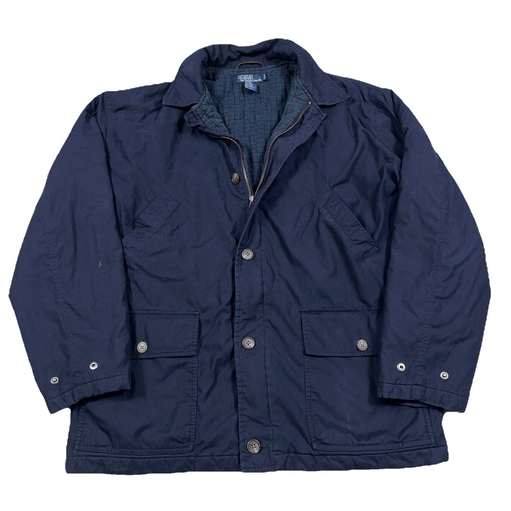 Vintage Polo Ralph Lauren Field Jacket‎ Men Large Navy Blue Flannel Lined Chore